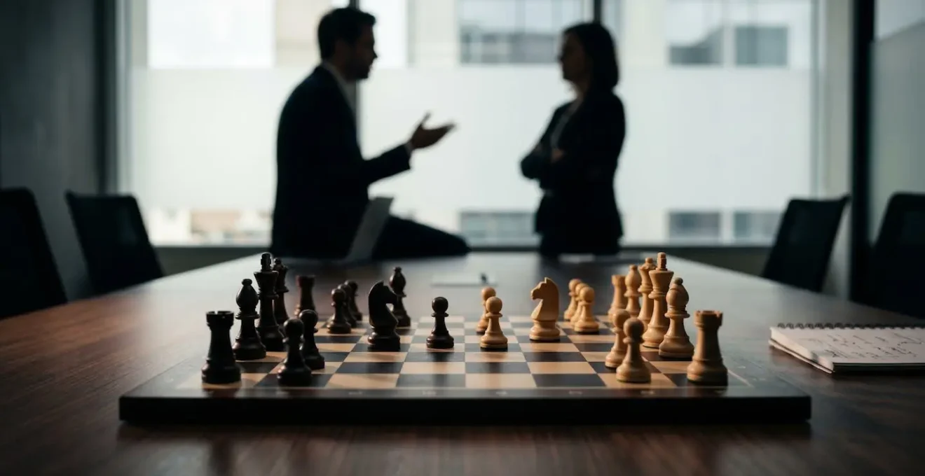 Négociation entre candidat et recruteur autour d'une table de réunion symbolisée par un jeu d'échecs