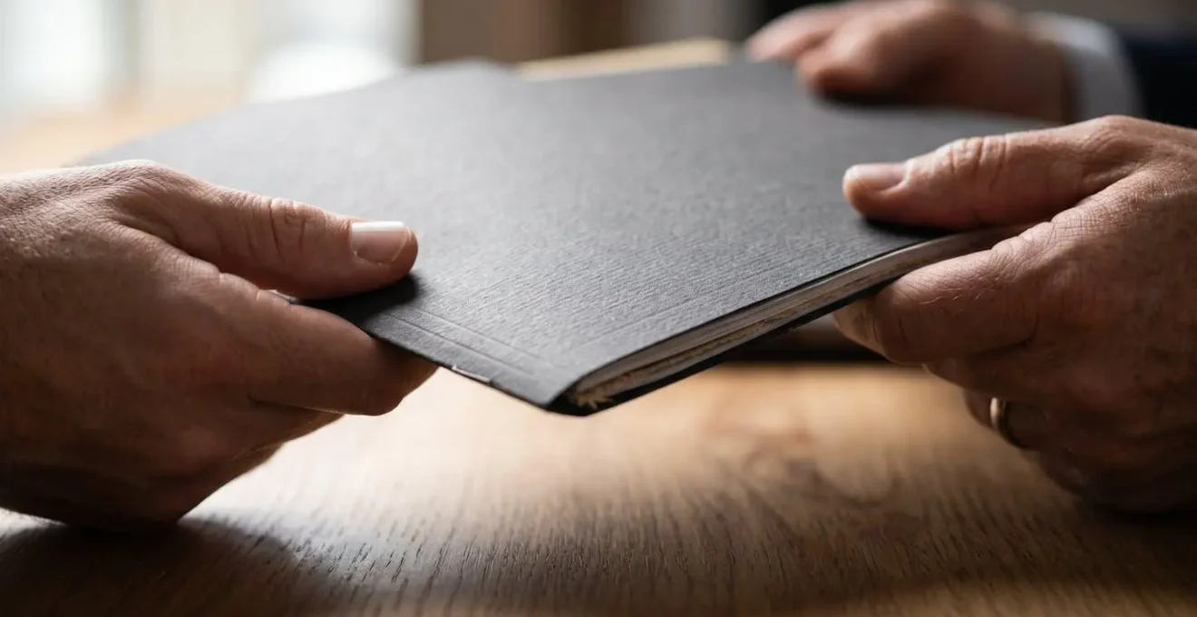 Mains professionnelles échangeant des documents de performance sur bureau épuré