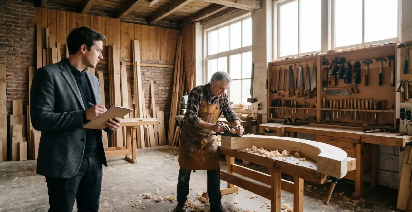 Artisan au travail observé par un stagiaire prenant des notes dans un atelier traditionnel