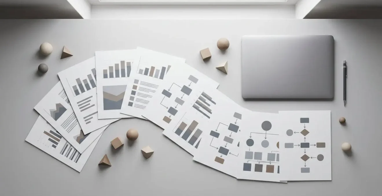 Vue aérienne d'un bureau avec documents physiques et ordinateur montrant un processus de travail collaboratif