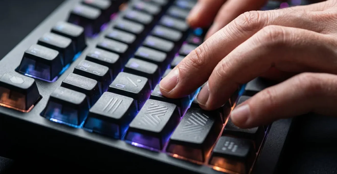 Gros plan sur des mains tapant sur un clavier avec effets lumineux abstraits