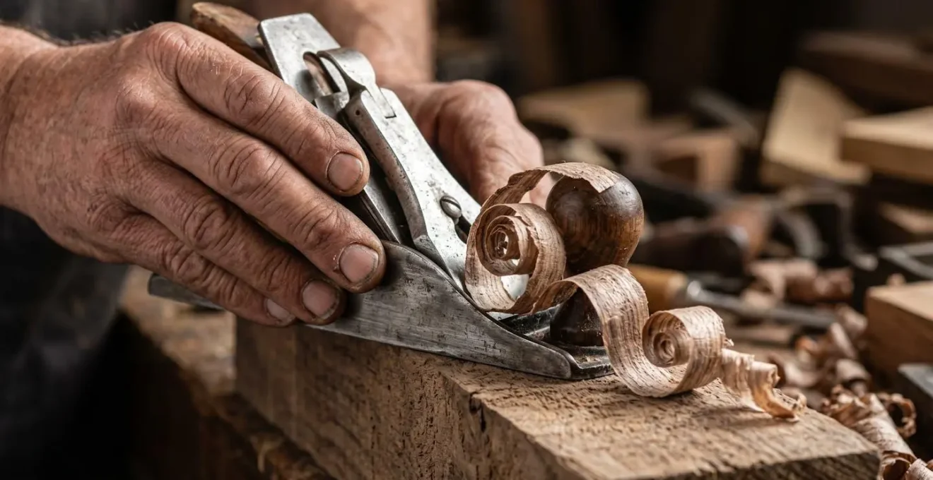 Vue macro détaillée de mains d'artisan travaillant le bois avec outils traditionnels