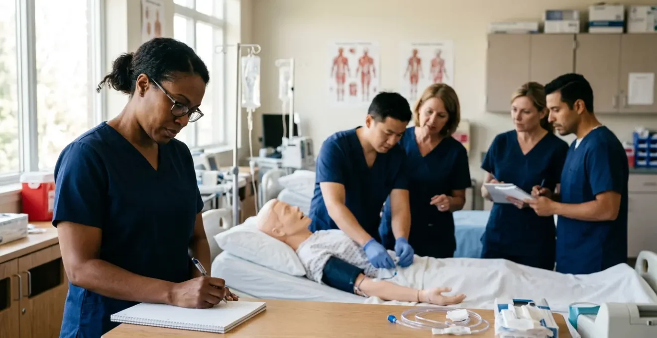 Professionnels en reconversion étudiant ensemble dans une salle de formation moderne avec matériel médical