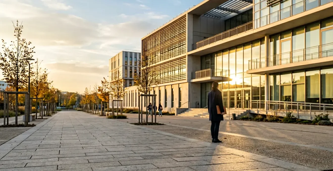 Adulte en reconversion devant université publique française avec documents d'inscription et ordinateur portable