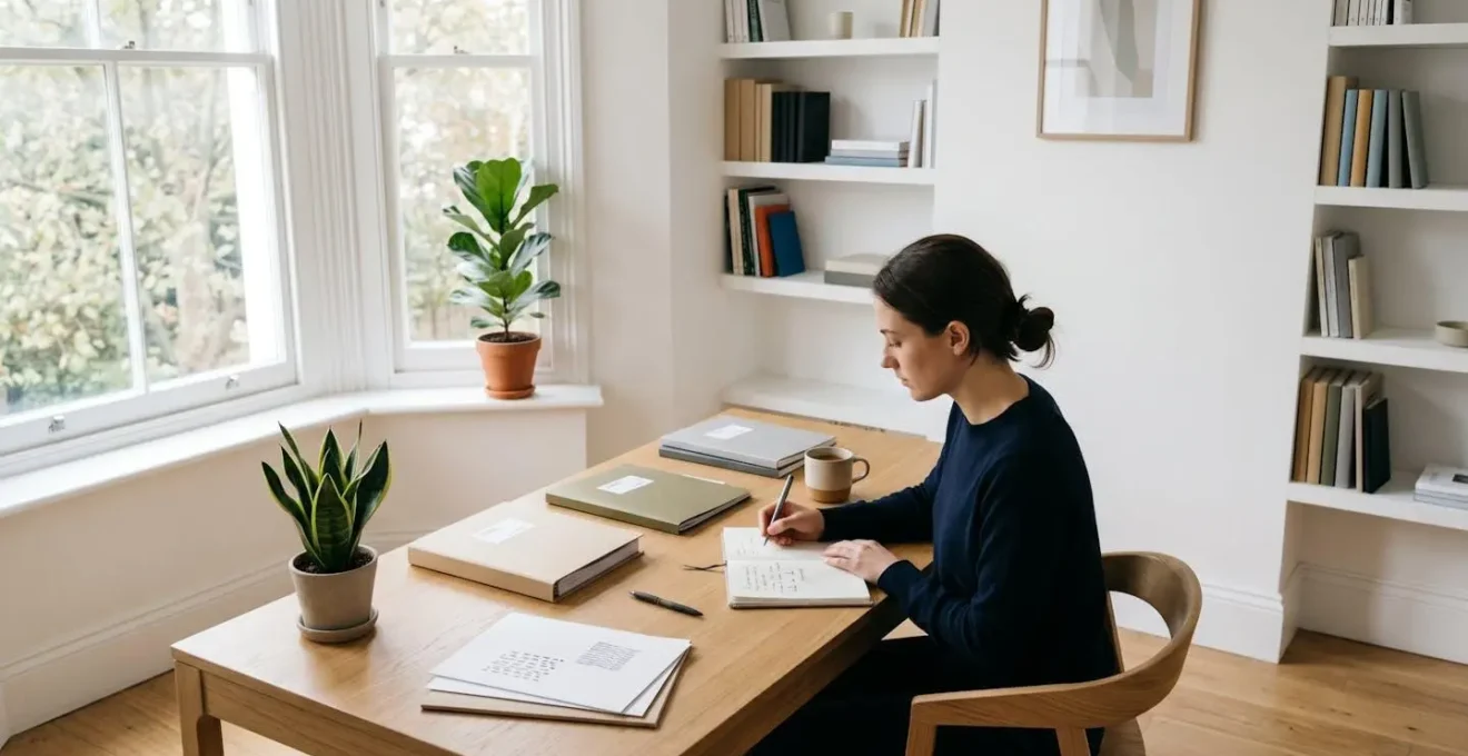 Personne concentrée rédigeant une lettre à son bureau avec des documents de référence