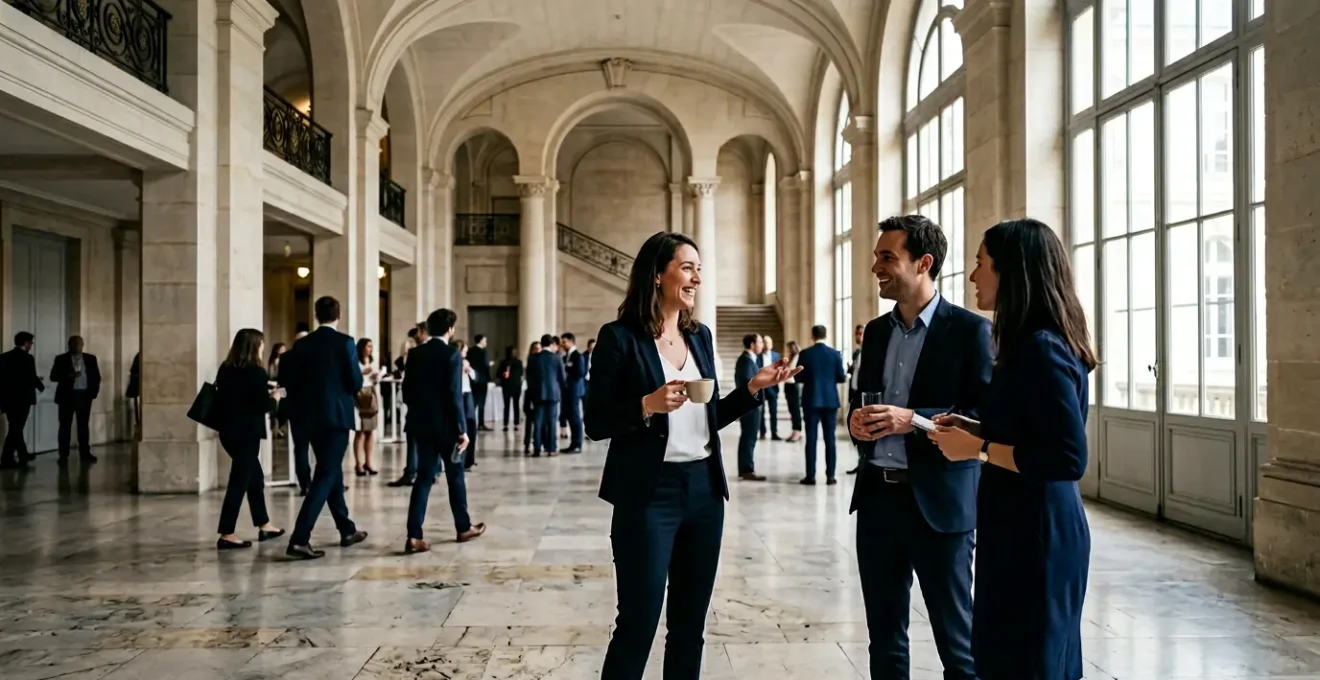 Professionnel en costume établissant des connexions réseau lors d'un événement alumni dans un hall d'école prestigieuse