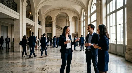 Professionnel en costume établissant des connexions réseau lors d'un événement alumni dans un hall d'école prestigieuse