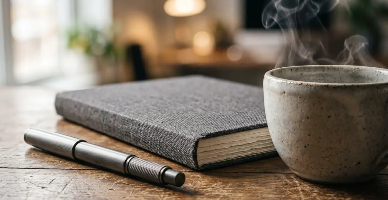 Espace de travail minimaliste avec outils de veille organisés pour routine matinale