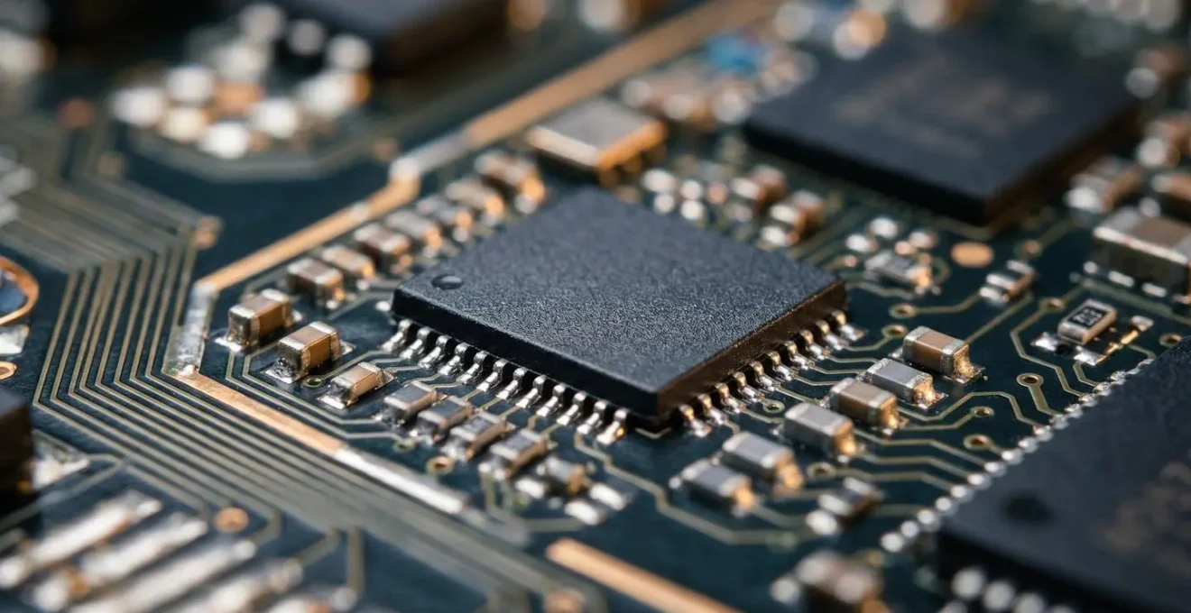 Vue macro d'une carte de circuit imprimé avec des composants électroniques colorés
