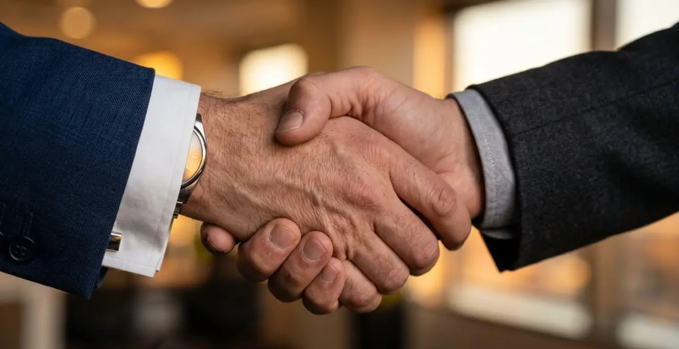 Vue macro d'une poignée de main professionnelle symbolisant l'accord de cooptation