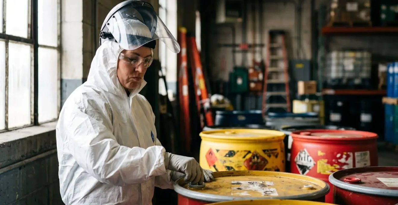 Inspection rigoureuse de conteneurs de déchets dangereux avec équipement de protection