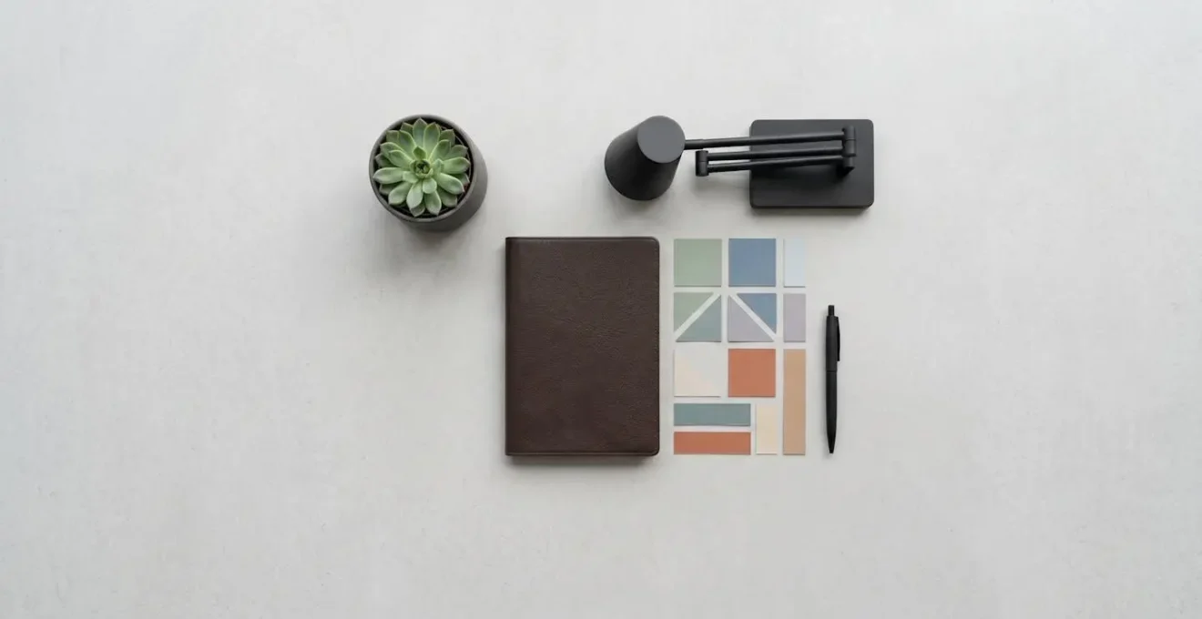 Vue minimaliste d'un espace de travail organisé avec cahier et stylo